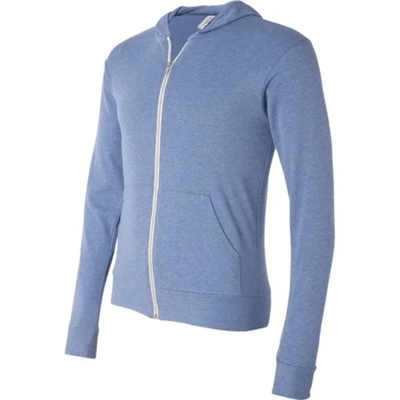 Bella + Canvas Unisex Triblend Full Zip Lightweight Hoodie in Light Blue - Picture 2 of 3